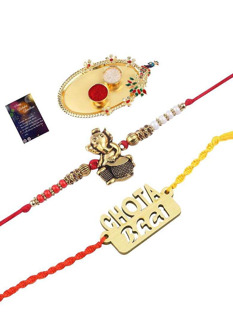 Gold Toned 2 Rakhi With Pooja Thali Roli Chawal And Greeting Card