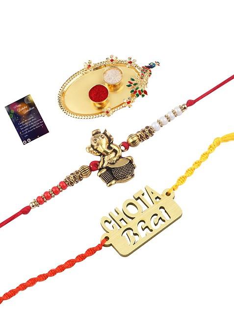 Gold Toned 2 Rakhi With Pooja Thali Roli Chawal And Greeting Card
