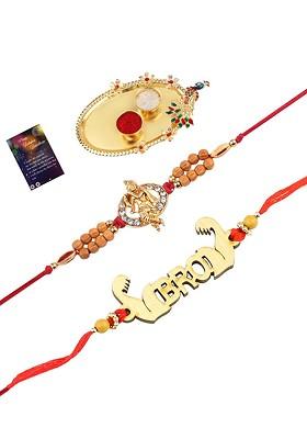 Set Of 2 Red And Gold Toned Stone Studded Rakhi Gift Set