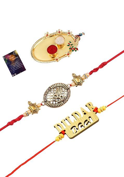 Gold Toned 2 Rakhi With Pooja Thali Roli Chawal And Greeting Card