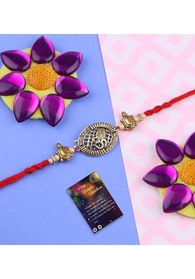 Red Set Of 2 Rakhi With Roli Chawal And Greeting Card