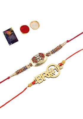 Gold Toned 2 Rakhi With Roli Chawal Greeting Card