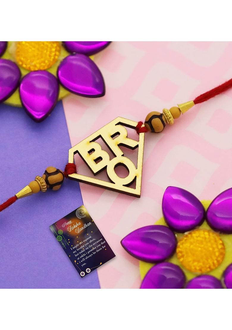 Gold Toned 2 Rakhi With Roli Chawal And Greeting Card