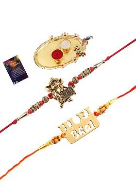 Set Of 2 Red And Gold Toned Stone Studded Rakhi Gift Set