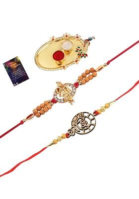 Red And Gold Toned 2 Rakhi With Pooja Thali Roli Chawal And Greeting Card
