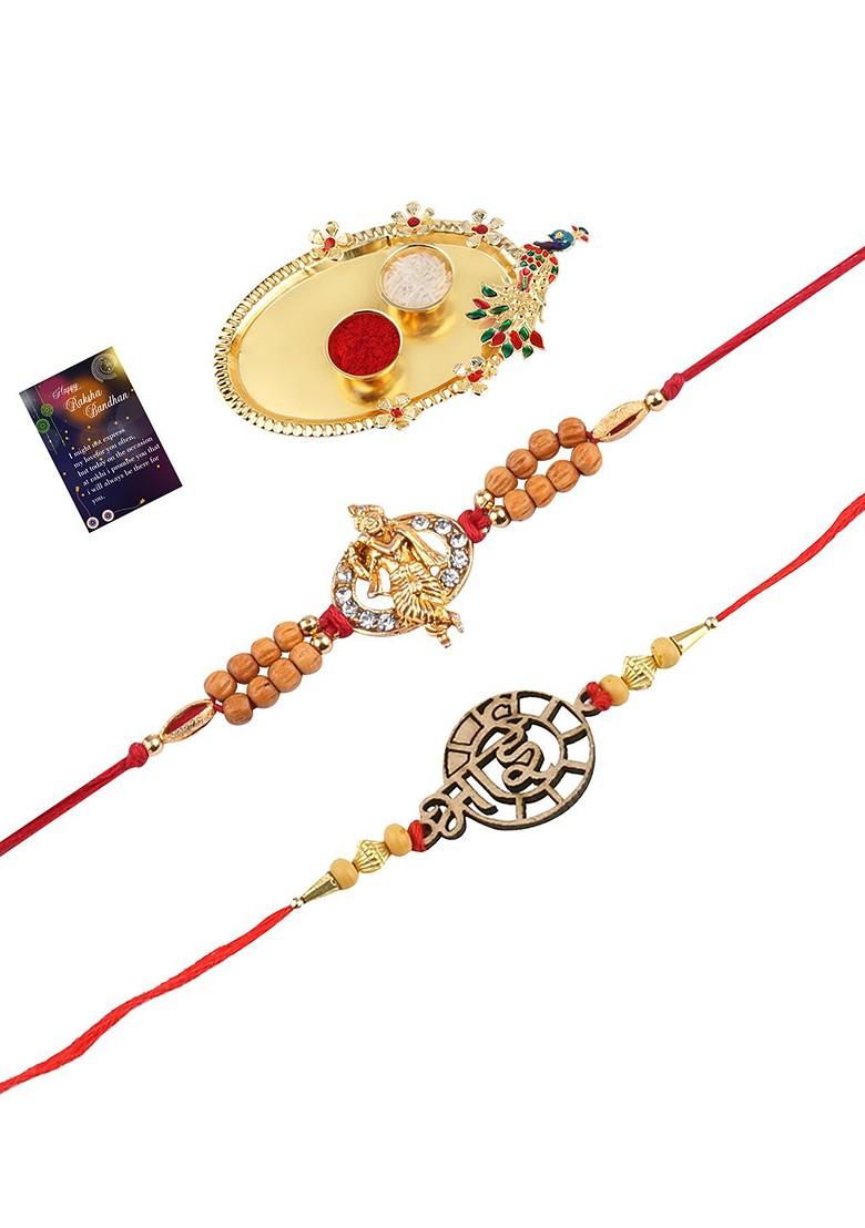 Red And Gold Toned 2 Rakhi With Pooja Thali Roli Chawal And Greeting Card