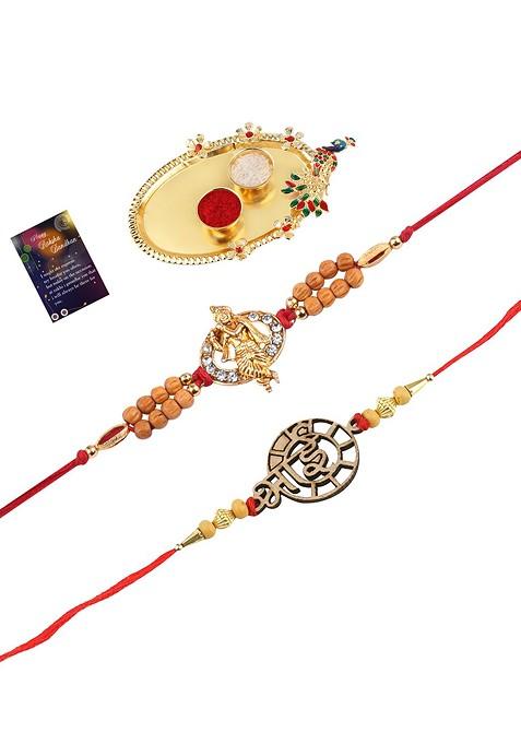 Red And Gold Toned 2 Rakhi With Pooja Thali Roli Chawal And Greeting Card