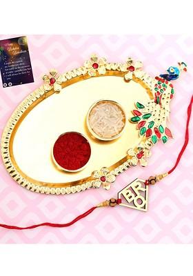 Red 1 Rakhi With Pooja Thali Roli Chawal And Greeting Card
