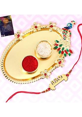 Red And Gold Toned 1 Rakhi With Pooja Thali Roli Chawal Greeting Card