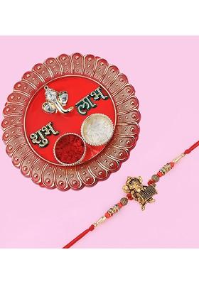 Red 1 Rakhi And 1 Bhaiya Rakhi With Pooja Thali Roli Chawal Greeting Card