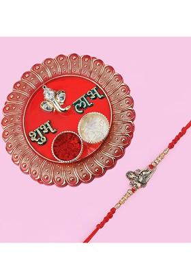 Red And Gold Toned Beaded Thread Rakhi