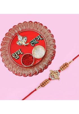 Red 1 Rakhi And 1 Bhaiya Rakhi With Pooja Thali Roli Chawal Greeting Card