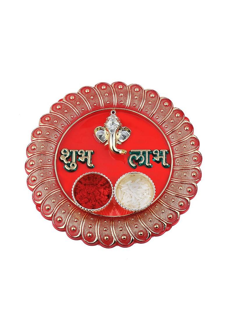 Gold Toned Rakhi With Roli Chawal And Greeting Card Kankawati Pooja Thali