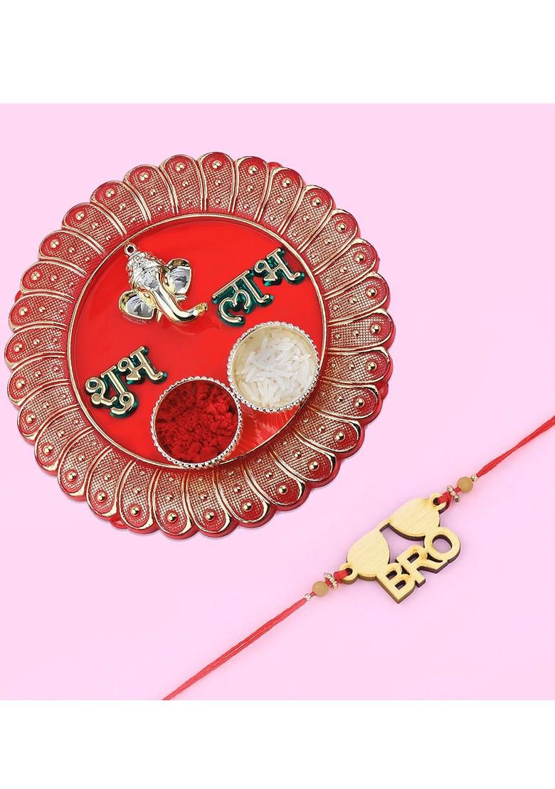 Gold Toned Rakhi With Roli Chawal And Greeting Card Kankawati Pooja Thali
