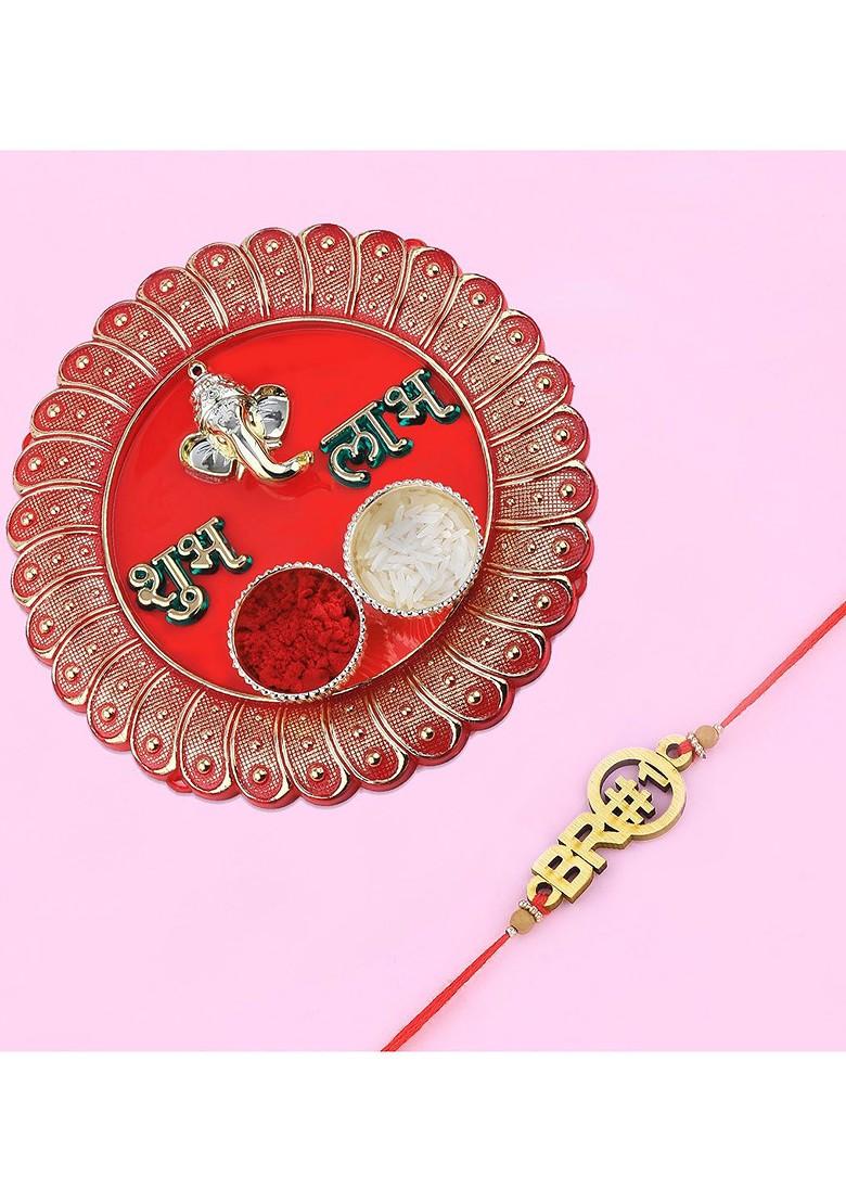 Gold Toned And Maroon 1 Rakhi 1 Bhaiya Rakhi With Pooja Thali Roli Chawal Card