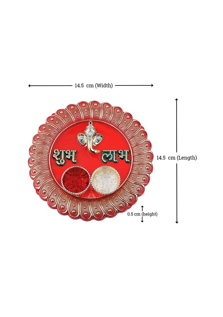 Gold Toned And Maroon 1 Rakhi 1 Bhaiya Rakhi With Pooja Thali Roli Chawal Card