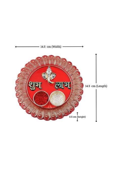 Gold Toned And Maroon 1 Rakhi 1 Bhaiya Rakhi With Pooja Thali Roli Chawal Card