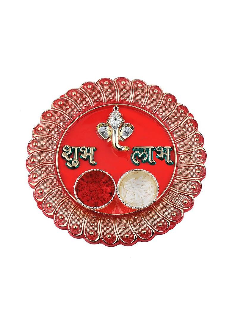 Red 1 Rakhi 1 Bhaiya Rakhi With Pooja Thali Roli Chawal And Greeting Card