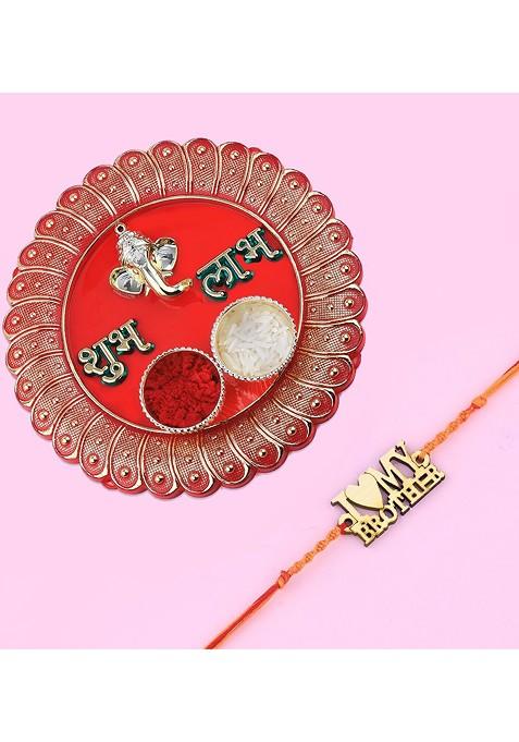 Red 1 Rakhi 1 Bhaiya Rakhi With Pooja Thali Roli Chawal And Greeting Card