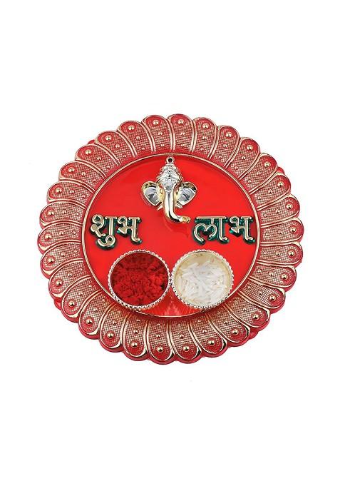 Red 1 Rakhi 1 Bhaiya Rakhi With Pooja Thali Roli Chawal And Greeting Card