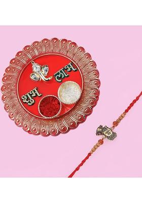 Red And Gold Toned Rakhi With Roli Chawal And 1 Greeting Card
