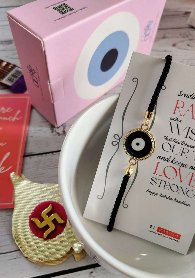 Evil Eye Rakhi Combo For Bhaiya With Roli Chawal Shagun And Greeting Card - Indya