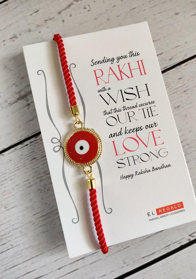Gold Toned And Red Evil Eye Charm Rakhi With Roli Chawal - Indya