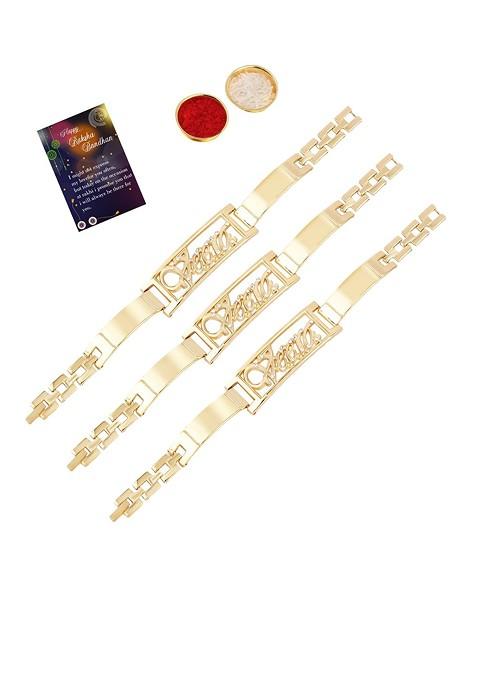 Gold Toned 3 Rakhi With Roli Chawal And Greeting Card