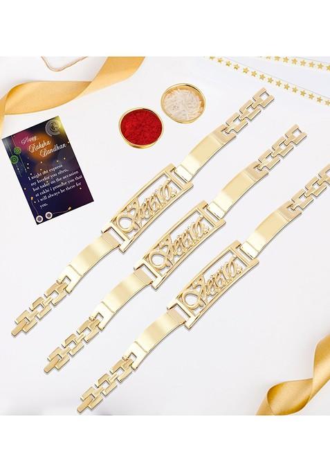 Gold Toned 3 Rakhi With Roli Chawal And Greeting Card