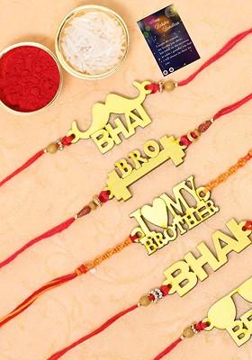 Set Of 5 Red And Gold Toned Rakhi With Roli Chawal And Greeting Card