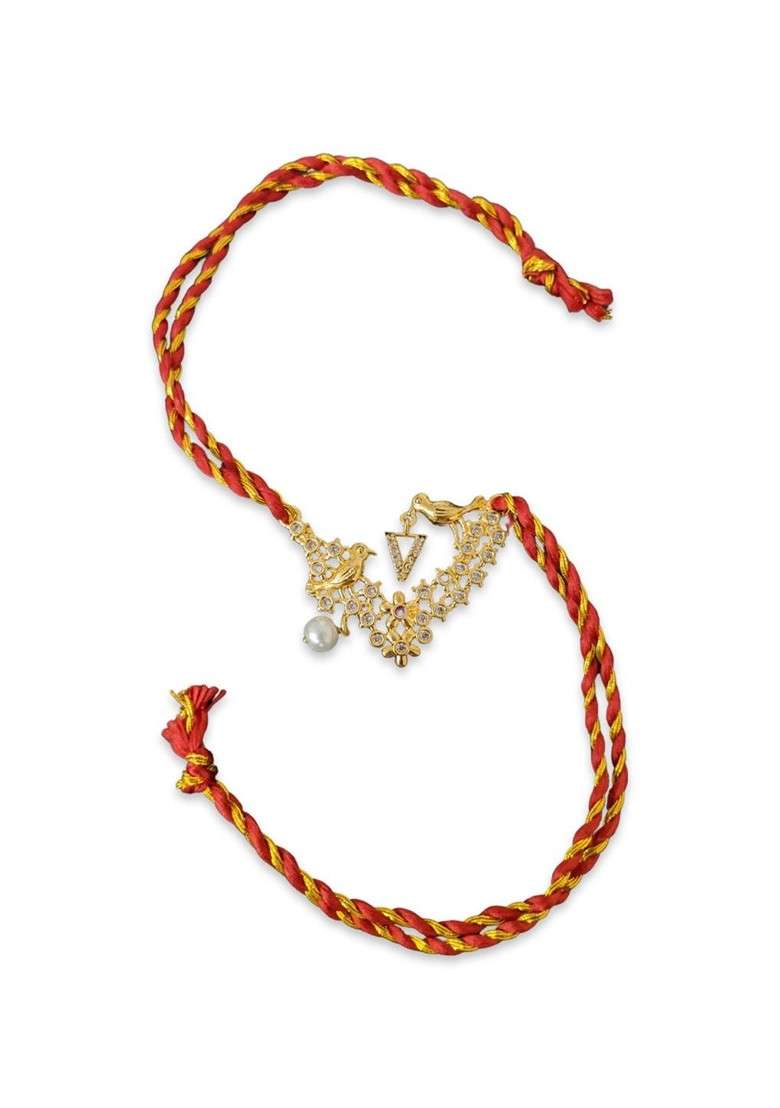 Men Gold Plated White Ad Studded And Beaded Thread Rakhi - Indya