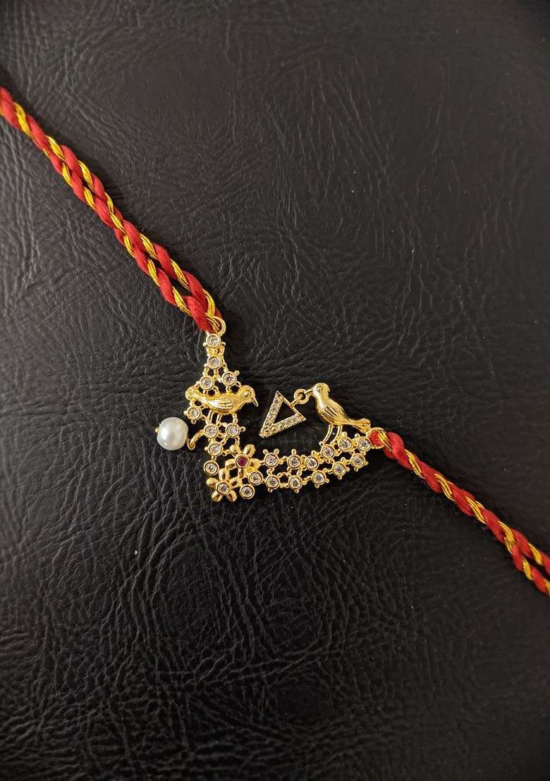 Men Gold Plated White Ad Studded And Beaded Thread Rakhi - Indya