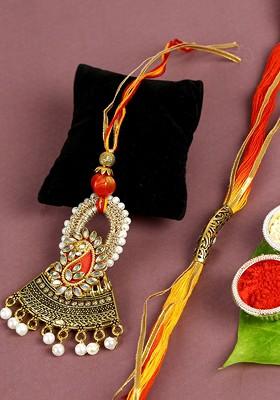 Yellow And Gold Toned Embellished Bhaiya Bhabhi Mauli Rakhi Set