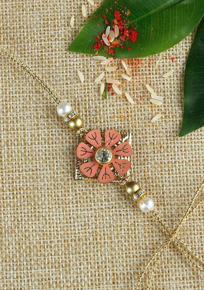 Pink And Brown Handcrafted Flower Beads Rakhi