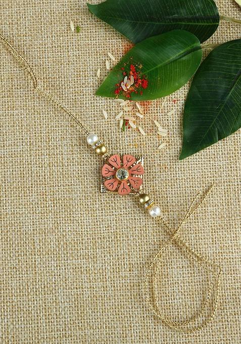 Pink And Brown Handcrafted Flower Beads Rakhi