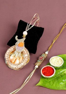 Orange And Gold Toned Bhaiya Bhabhi Handcrafted Rakhi Set