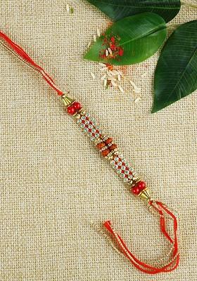 Red Handcrafted Auspicious Mauli Rakhi With Beads And Rudraksha