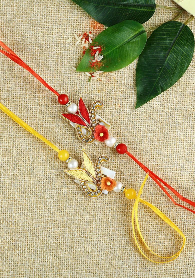 Set Of 2 Red And Yellow Fabric Traditional Rakhi