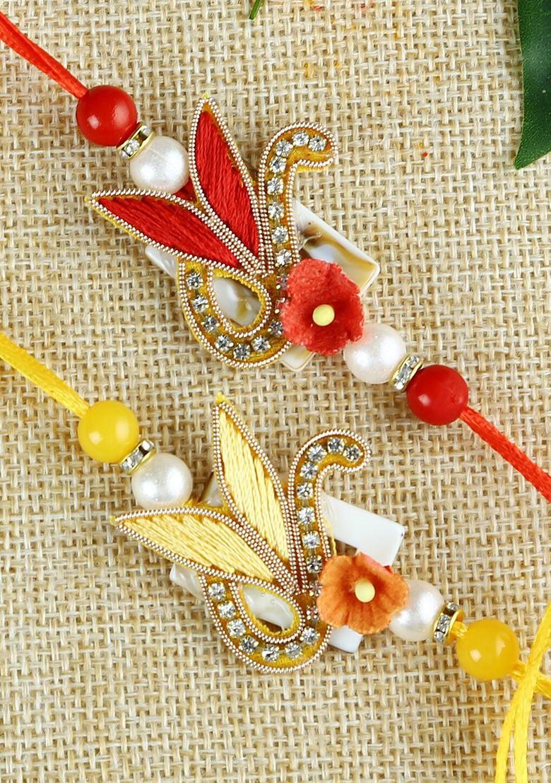 Set Of 2 Red And Yellow Fabric Traditional Rakhi