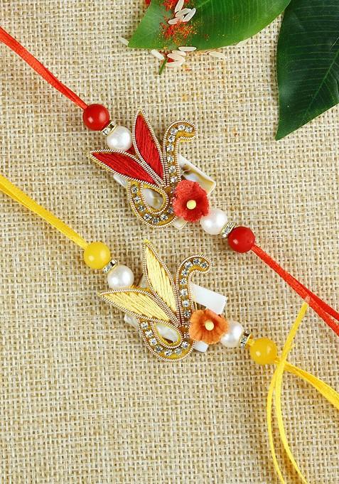 Set Of 2 Red And Yellow Fabric Traditional Rakhi