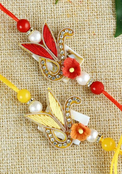 Set Of 2 Red And Yellow Fabric Traditional Rakhi
