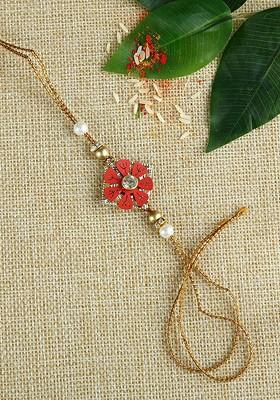 Red And Brown Handcrafted Flower Beads Work Rakhi