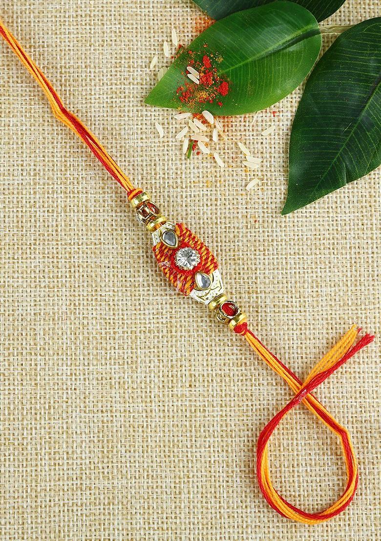 Red And Yellow Traditional Mauli And Beads Handcrafted Rakhi