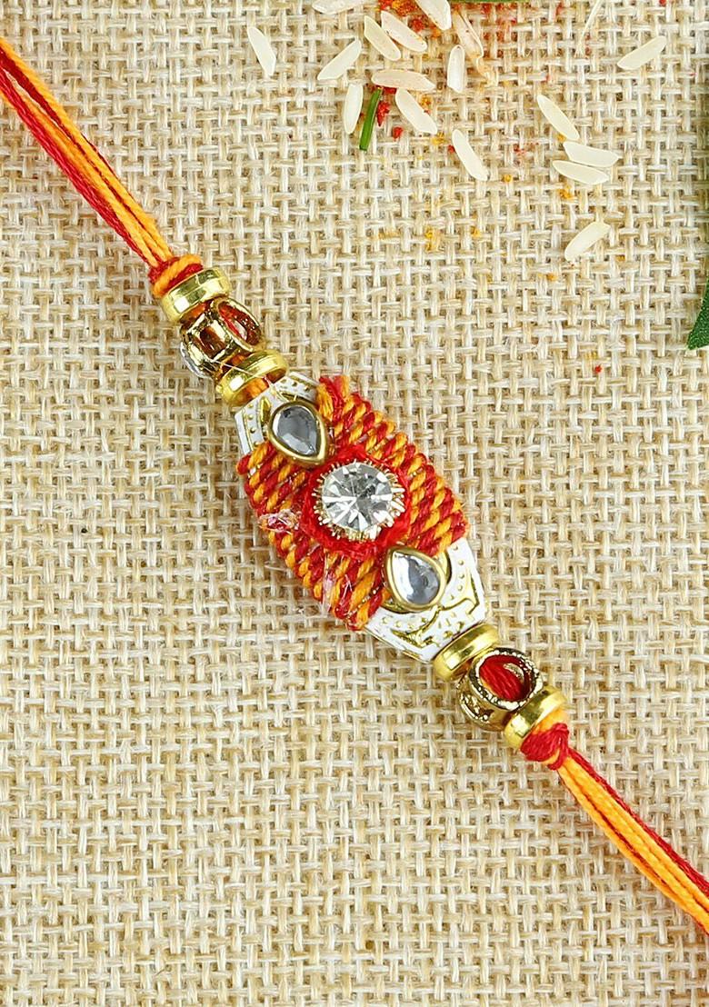 Red And Yellow Traditional Mauli And Beads Handcrafted Rakhi