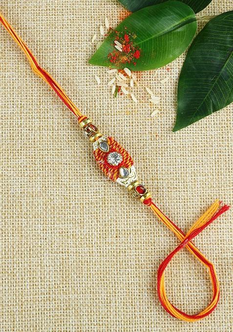 Red And Yellow Traditional Mauli And Beads Handcrafted Rakhi