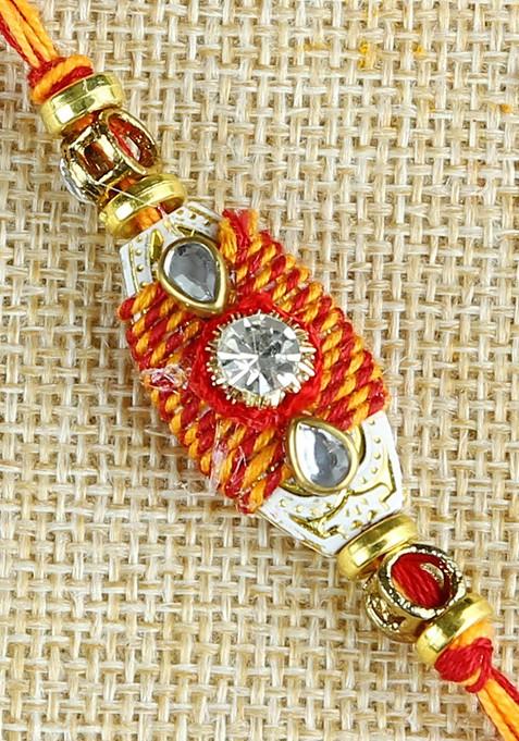 Red And Yellow Traditional Mauli And Beads Handcrafted Rakhi