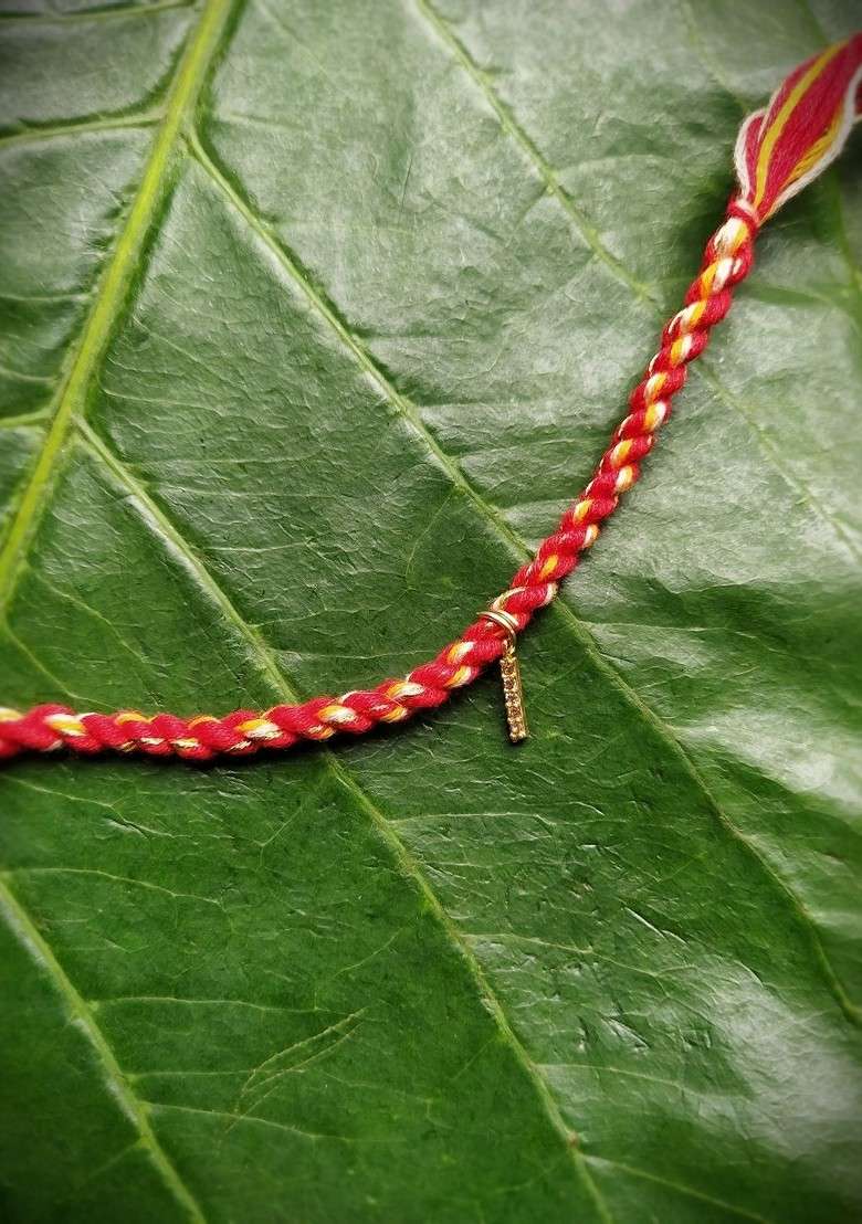 Unisex Gold Plated Red Ad Studded I Alphabet Customized Thread Rakhi - Indya