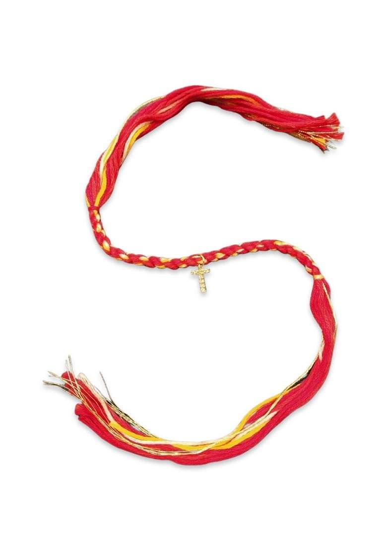 Red And Yellow Gold Plated Ad Studded Letter T Customized Thread Rakhi - Indya