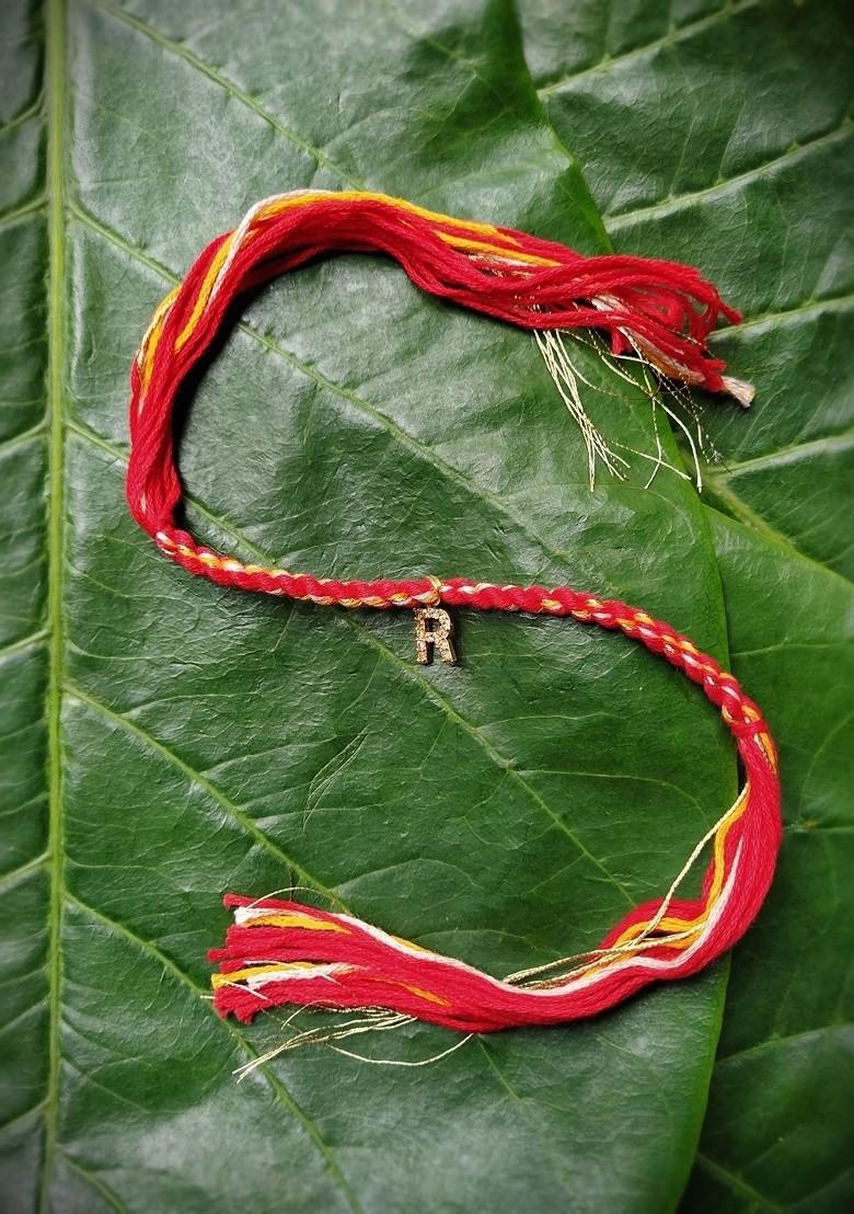 Men Gold Plated Red And Yellow Ad Studded R Alphabet Customized Thread Rakhi - Indya