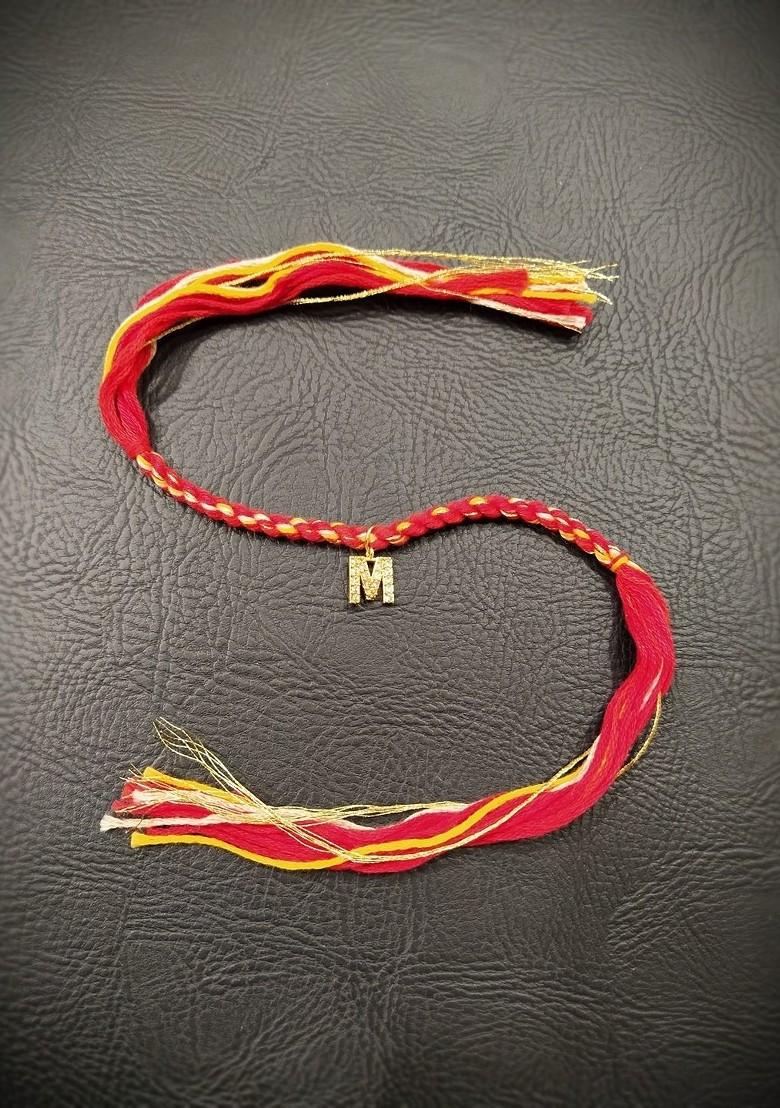 Men Gold Plated Red And Yellow M Alphabet Customized Thread Rakhi